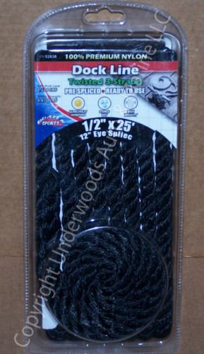 Black dock line 3-strand 1/2'' x 25' twisted premium nylon boat docking new