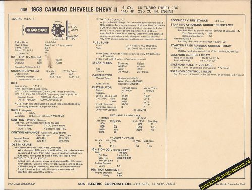 1968 chevy ii/camaro/chevelle 230 ci / 140 hp car sun electronic spec sheet