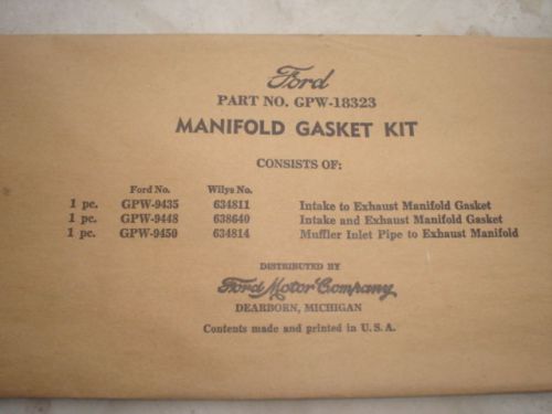 Ford gpw -18323 manifold gasket kit =3 gaskets marked with the &#034;f&#034; mania. rare !