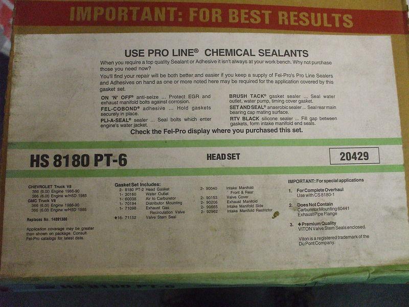 Hs8180pt-6 fel pro head gasket set chevy gmc 366 v8 6.0l 1985-1990