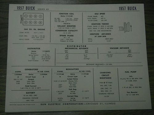 1957 buick series 40 (special) tune up specification sheet 8.5inches x 11 inches