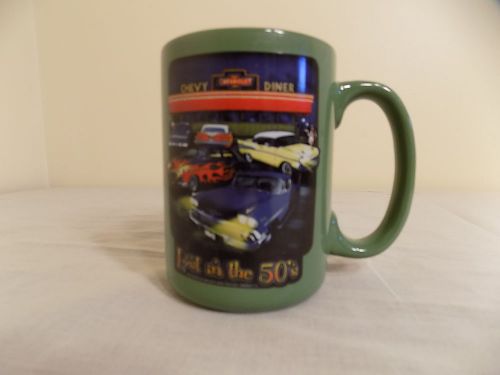 "a few horses tucked in the barn - ford chevy" green automobile coffee cup mug!