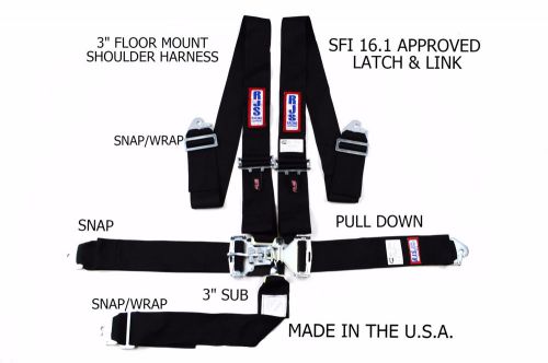 Rjs racing sfi 16.1 latch &amp; link 5 pt floor mount snap in harness black 1131101