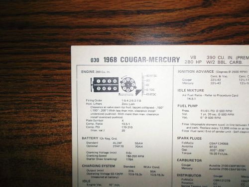 1968 mercury &amp; cougar premium fuel 280 hp 390 ci v8  2bbl sun tune up chart