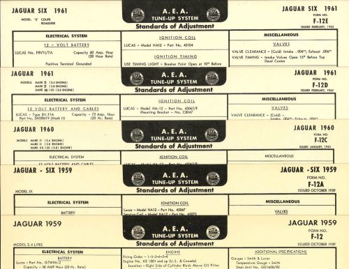 5 aea tune up charts jaguar 1959 1960 1961 original xk-150 3.4 litre mark ii  xk