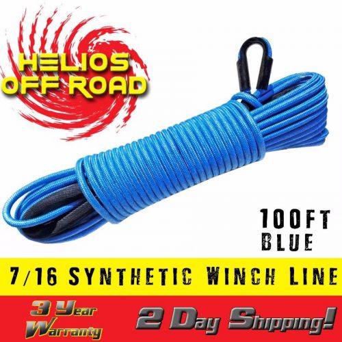 7/16&#034; x 100&#039; blue synthetic winch line cable rope30000+ lbs with rock guard