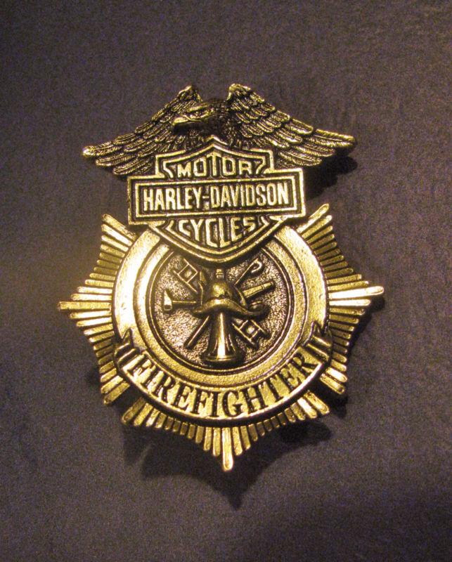 Harley-davidson firefighter motorcycle brass finish badge full size !