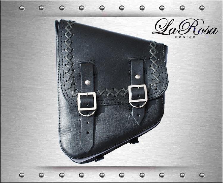Larosa black leather cross lace hd softail bobber rigid frame left saddlebag