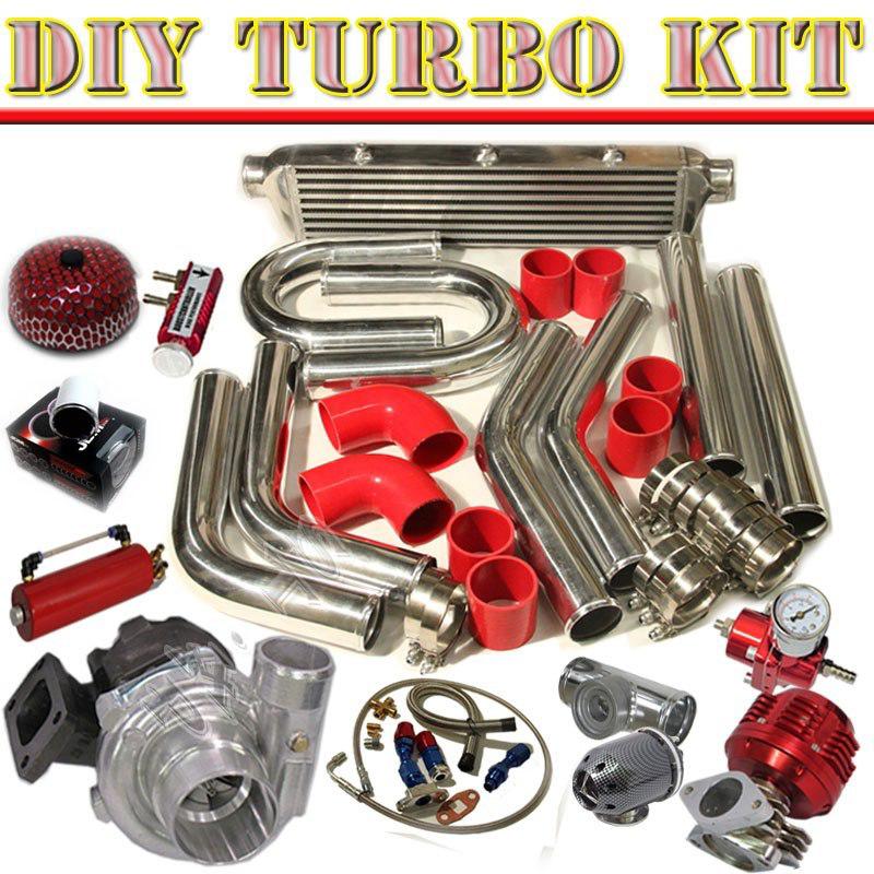 T3/t4 turbo+28" intercooler+u-pipe piping kit+jdm bov carbon+oil line+tank c/red