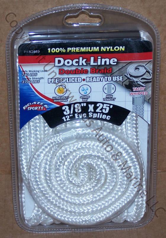 Double braid nylon dock line white 3/8"x25' boat 12"eye