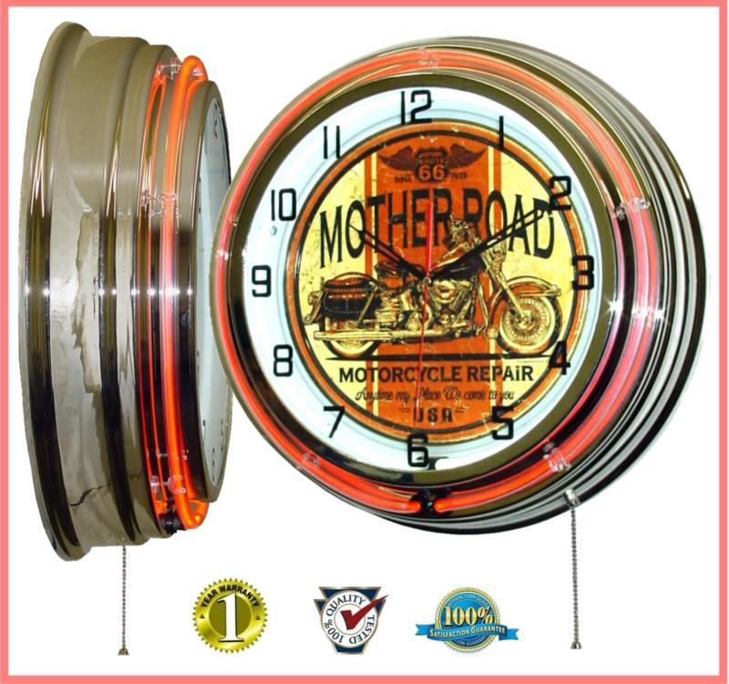 19 inch "mother road motorcycle repair" tin sign orang double neon clock