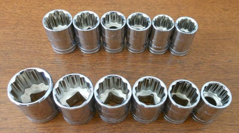 Gearwrench twelve piece sae and metric 1/2 inch drive 12 point chrome socket set
