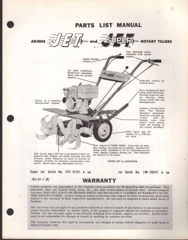 Ariens jet & super jet rotary tiller  parts manual p/n jsj-61-1 (r)  (169)