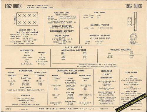 1962 buick invicta / electra 225 v8 401 ci engine car sun electronic spec sheet