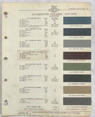1947 1948 plymouth acme color paint chip chart all models original