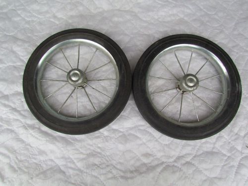 Lot of 2 tires on spoked ball bearing wheel-12in semi-pneumatic w/dust caps