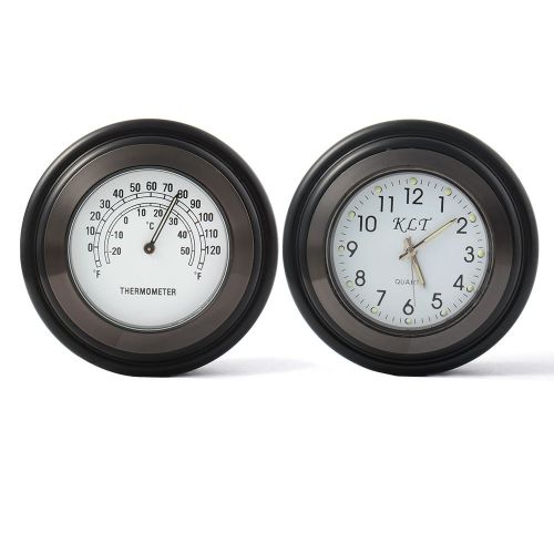 7/8&#034; 1&#034; motorcycle handlebar clock chrome black dial temp thermometer bar ma541