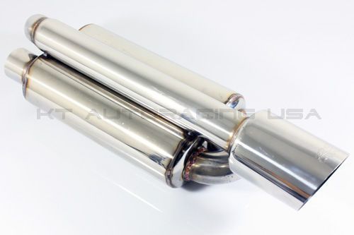 Universal 2.5&#034; inlet/4&#034; outlet twin dual loop canister exhaust slant muffler tip