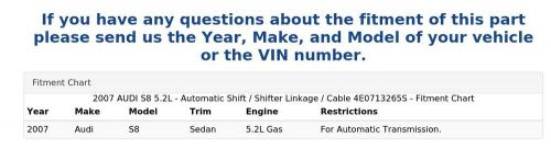 2007 AUDI S8 5.2L - Automatic Shift / Shifter Linkage / Cable 4E0713265S, US $84.99, image 3