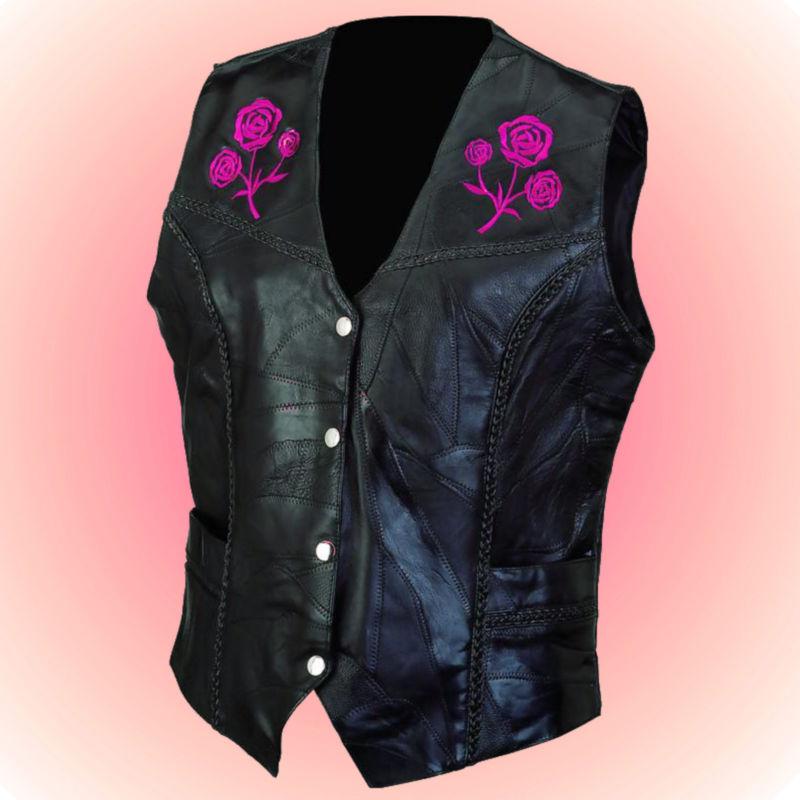 -ladies rose leather motorcycle biker vest--size 2x (2xl) --braided trim