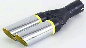 Nos monza dual tip exhaust resonator. 959905. 2-1/4" in, dual 2-1/2" out. 