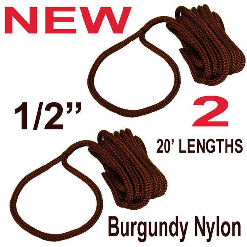 2 new 20' double braid 1/2" nylon dock line,marine boat tow rope,burgundy