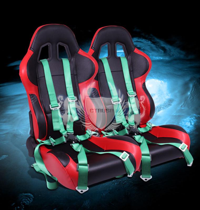 2x universal black/red turino racing seats +6-pt green camlock harness seat belt