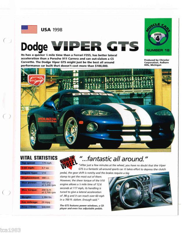 Find 1998 DODGE VIPER GTS IMP Brochure in Hull, Massachusetts, US, for