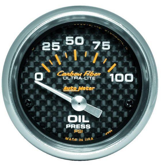 Auto meter 4727 carbon fiber 2-1/16 electric oil pressure gauge 0-100 psi