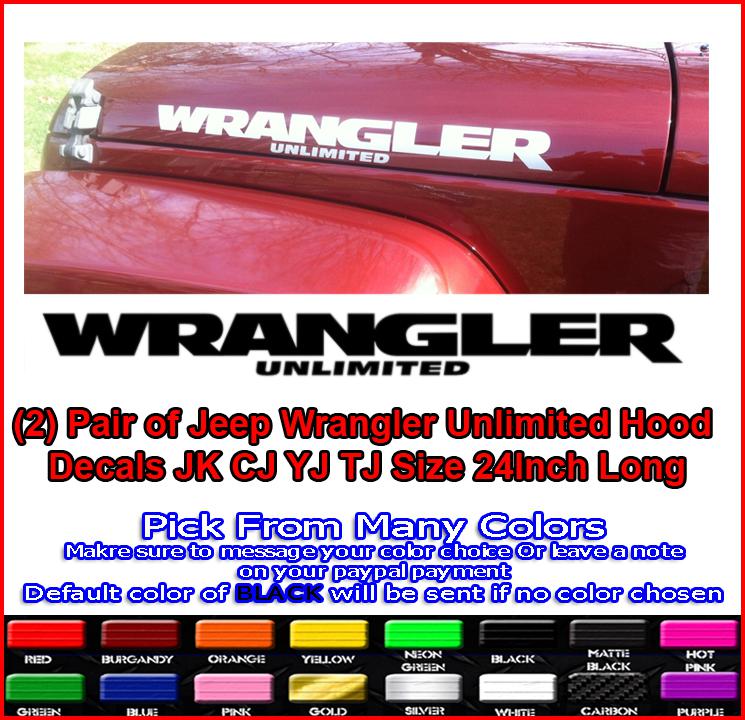 (2) pair of jeep wrangler unlimited hood decals stickers jk cj yj tj pick color!