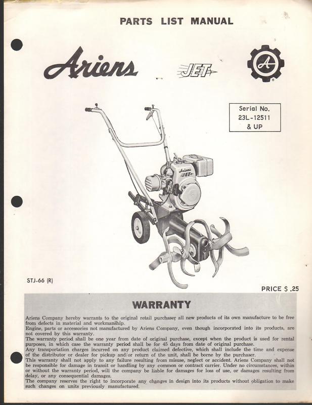 Ariens jet rotary tiller ser # 23l-12511 & up  parts manual p/n stj-66 (r)(170)