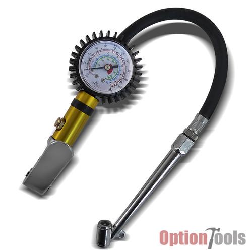 Air tire inflator tool w/ dual chuck 220psi max dial gauge psi kg/cm2 kpa & bar
