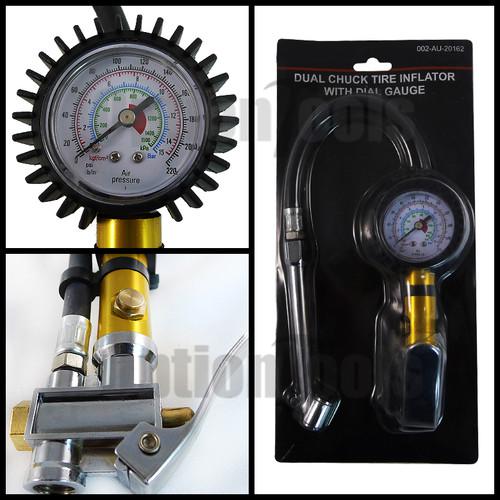 Air Tire Inflator Tool w/ Dual Chuck 220PSI Max Dial Gauge PSI KG/CM2 KPA & BAR, US $12.25, image 2