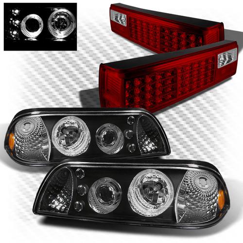 87-93 mustang 1pc black projector headlights w/led + r/c led perform tail lights