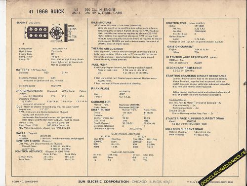 1969 buick v8 350 ci / 280 hp 4 bbl engine car sun electronic spec sheet