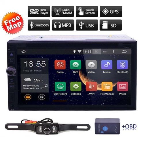 Double din gps navi 7'' car stereo radio dvd wifi 3g player android 4.4+cam+obd2