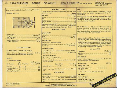 1974 dodge plymouth chrysler 400 / ci 4 bbl car sun electric spec sheet