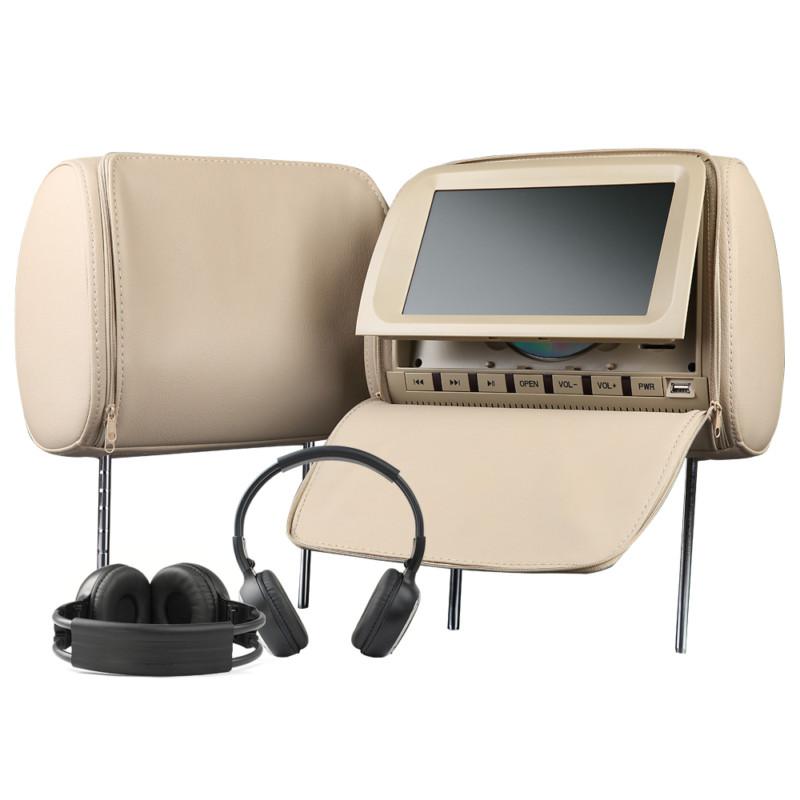 C1036 2x 9"digital lcd car pillow headrest monitor ir headphone dvd player beige