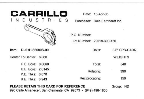 New carrillo sbc rods 6.080" l x .943" w be x 2.015" be bore