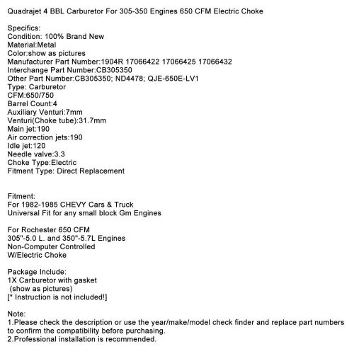 Quadrajet 4 BBL Carburetor For 305-350 Engines 650 CFM Electric Choke !!, US $348.61, image 7