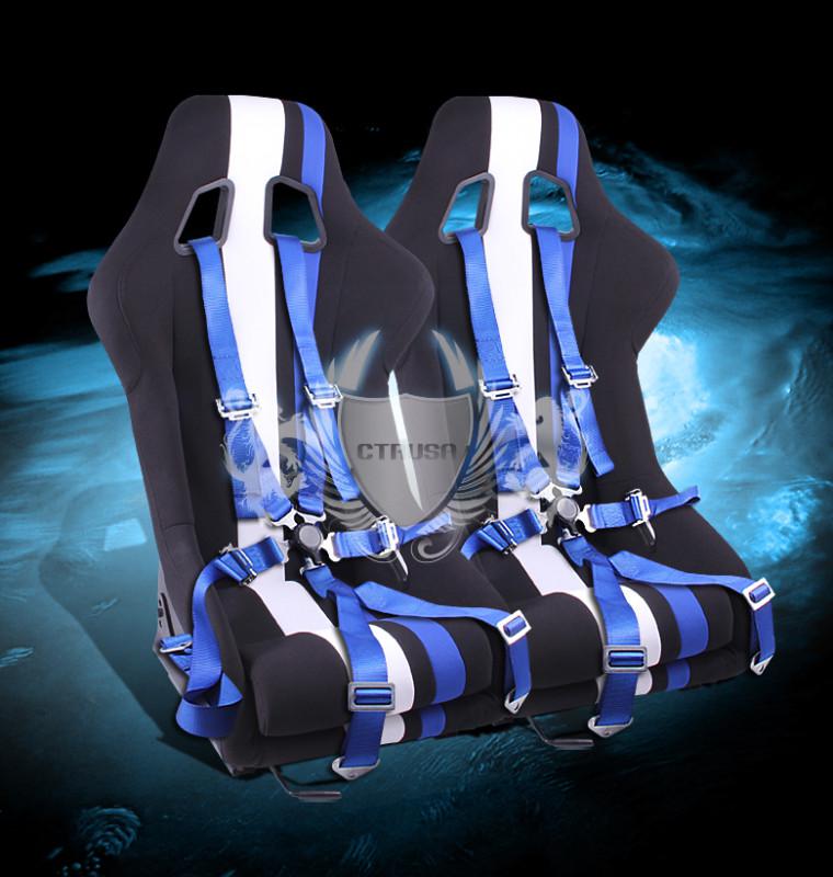 2x universal black/white blue stripe fabric racing seats+6-pt camlock harness