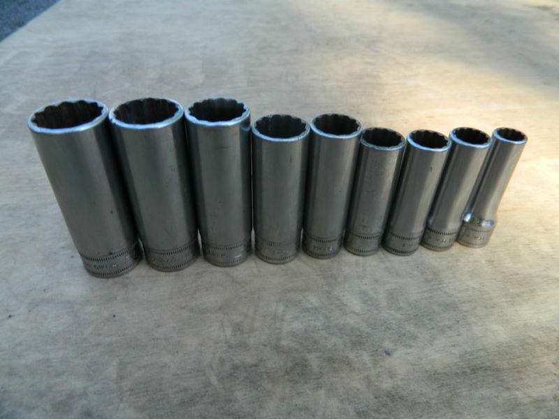 Set of 9 snap on chrome deep 12 pt 3/8" drive socket set 9,11mm-14mm, 16-19mm