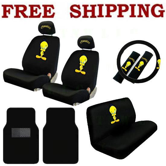 New cartoon tweety bird car seat covers steering wheel cover & floor mats set