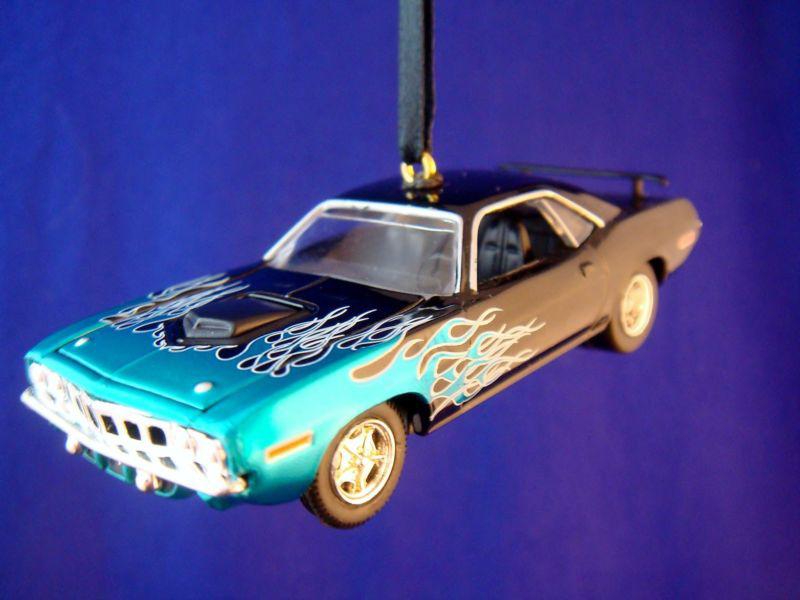 1970 '71 plymouth barracuda black w/ flames christmas tree ornament