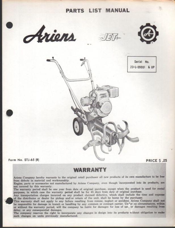 Ariens jet rotary tiller # 23-l-09001 & up  parts manual p/n stj-65 (r)  (171)