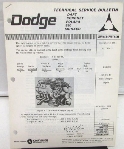 1965 dodge dealer technical service bulletin 426 hemi specs features original