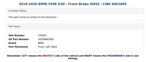 2018-2020 BMW 530E G30 - Front Brake HOSE / LINE 6861805, US $24.99, image 3