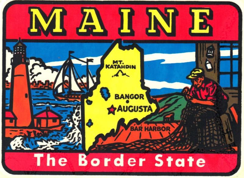 Vintage travel decal maine auto car rat hot rod trailer coach old fishing harbor