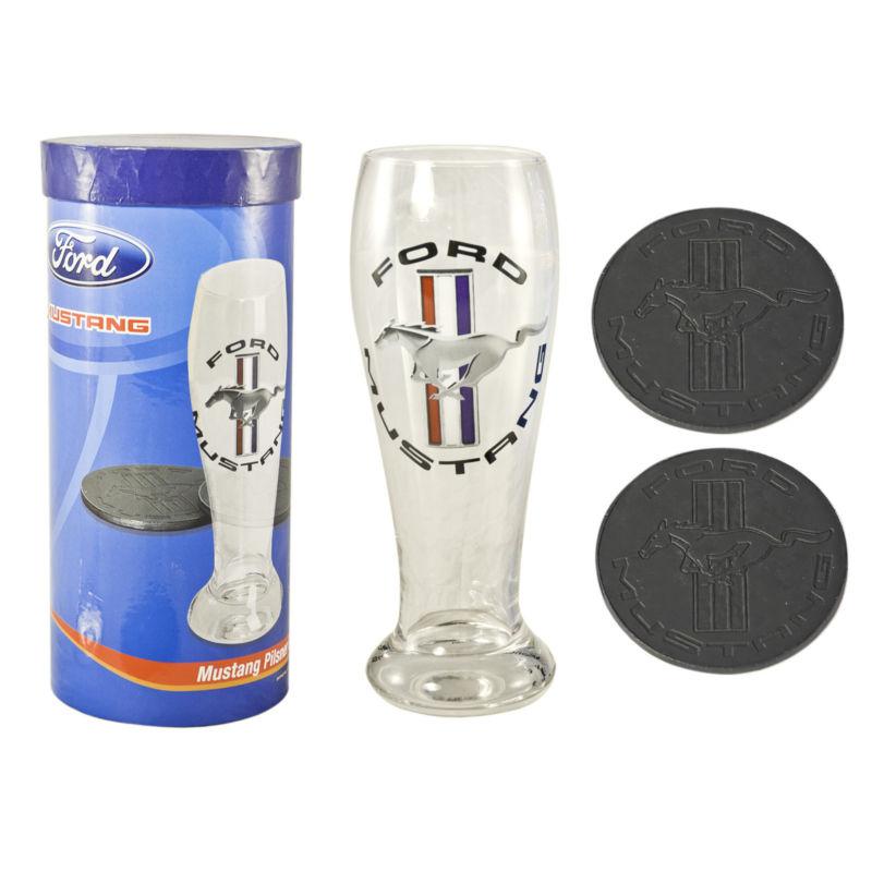 Ford mustang tribar running horse pony pilsner beer glass w/ leather coasters