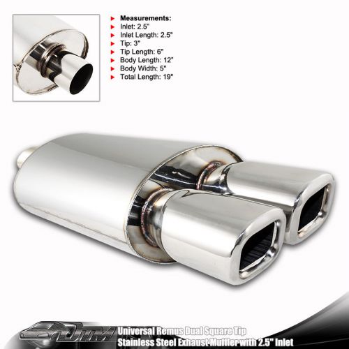 3&#034; remus style dtm dual square tip stainless 2.5&#034; inlet weld-on muffler exhaust
